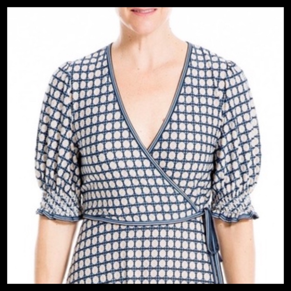 MAX STUDIO Smocked Sleeve Wrap Dress Color: Navy Blue Deco Poppy - Picture 3 of 7